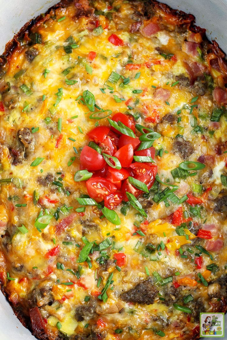 Overhead view of cooked crock-pot breakfast casserole.