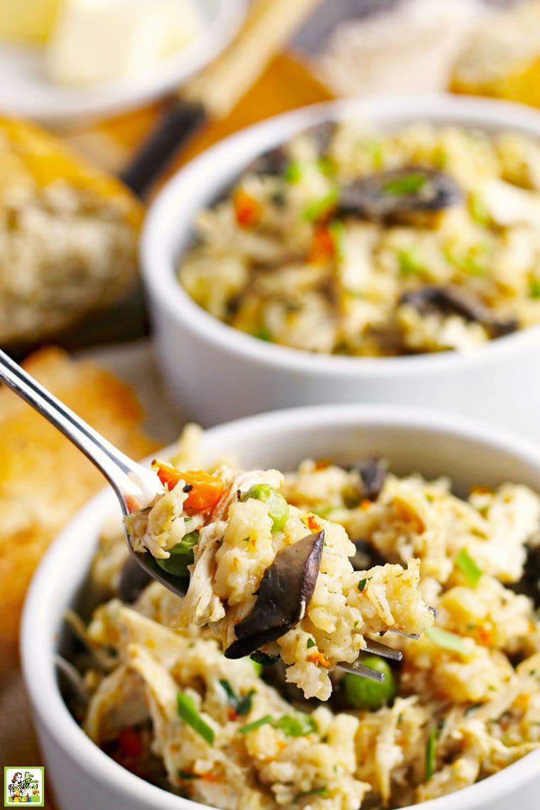 Closeup of a fork of pressure cooker chicken and rice