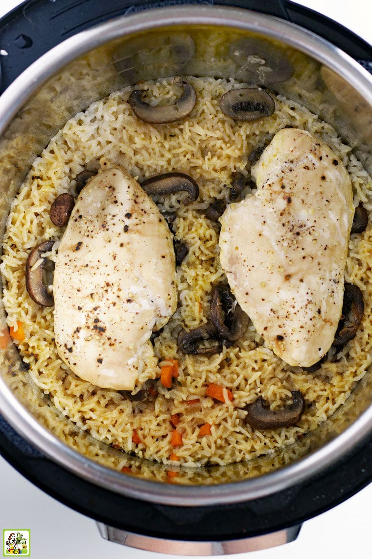 Chicken breasts, mushrooms and rice cooking in an instant pot pressure cooker