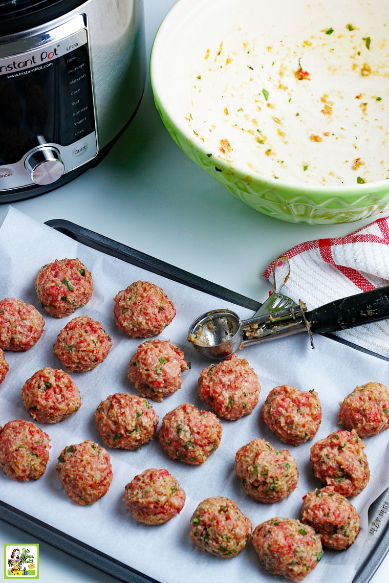 Making pressure cooker meatballs with an ice cream scoop. 