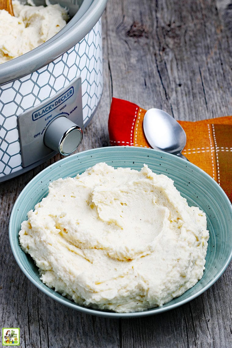 Crockpot and a bowl of mashed potatoes.