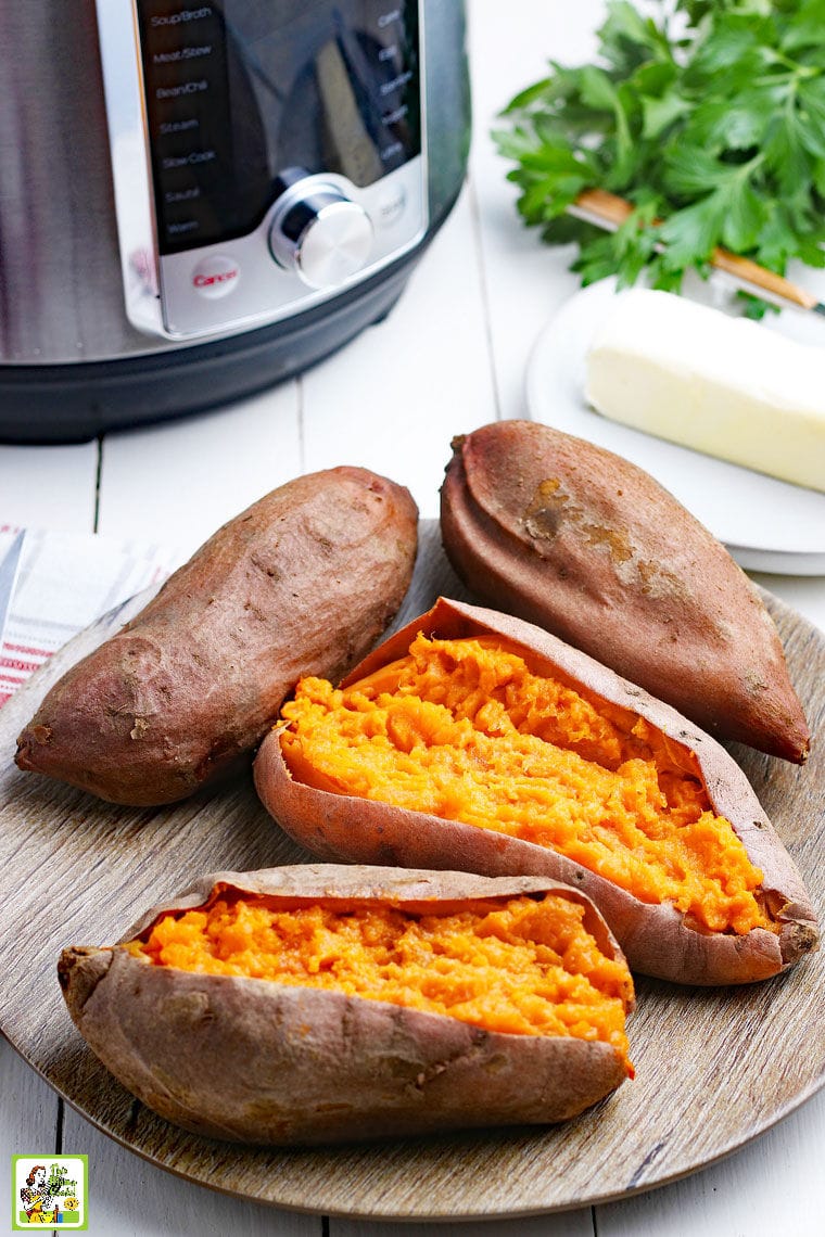 Cooked sweet potatoes and an Instant Pot pressure cooker.
