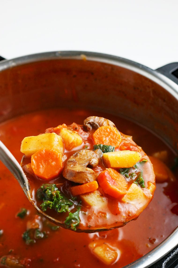 A ladle of vegetable soup in a pressure cooker.