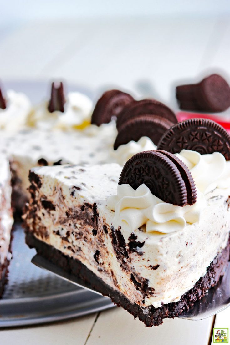 A slice of creamy no bake Oreo cheesecake.