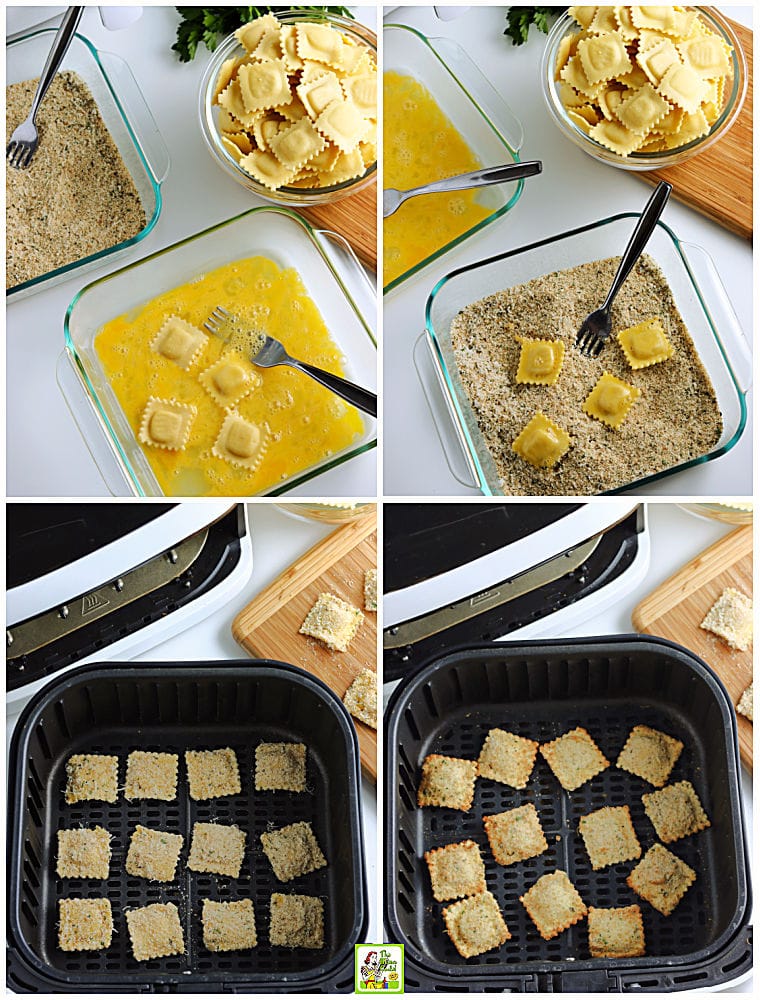 The process to make toasted air fryer ravioli in egg wash and bread crumbs.
