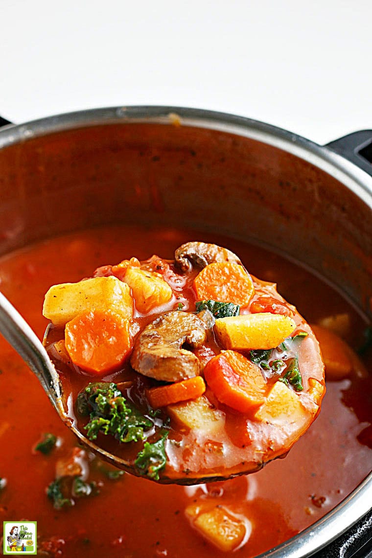 A ladle of cooked vegetables over an Instant Pot of vegetable soup.