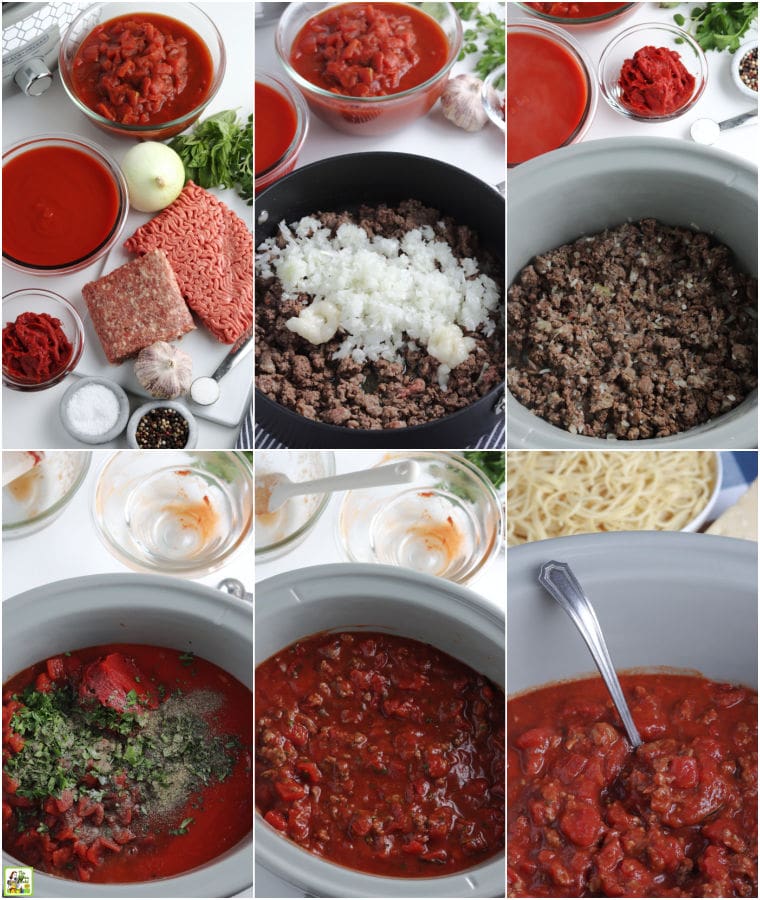 Ingredients and steps to make crockpot spaghetti sauce recipe.