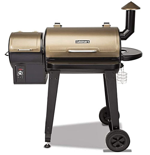 A bronze Cuisinart CPG-4000 Wood BBQ Grill & Smoker Pellet Grill and Smoker with wheels and side chimney.