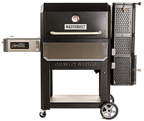 A black and silver Masterbuilt Gravity Series 1050 Digital Charcoal Grill + Smoker with rolling cart.