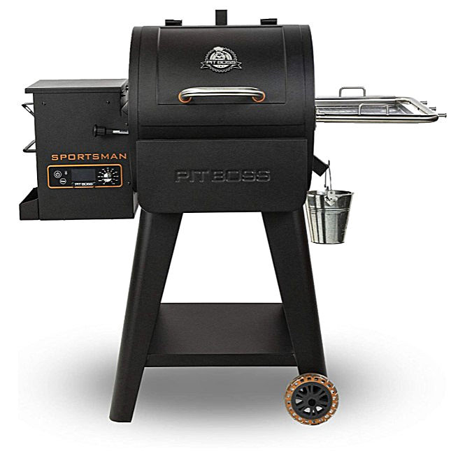 A compact PIT BOSS 500SP Wood Pellet Grill with wheels and drip bucket.