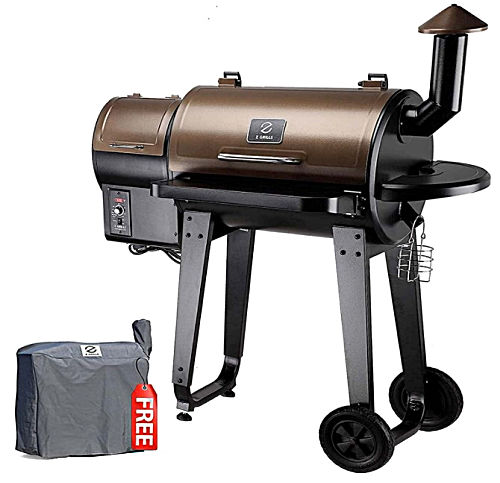 A bronze Z GRILLS ZPG-450A 2020 Upgrade Wood Pellet Grill & Smoker on wheels with a smaller picture showing smoker cover.