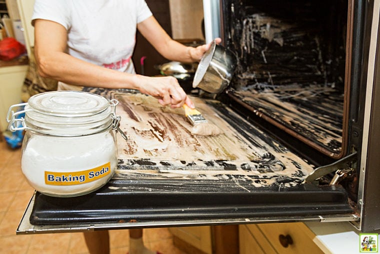 Woman applying baking soda paste with paintbrush to clean oven.
